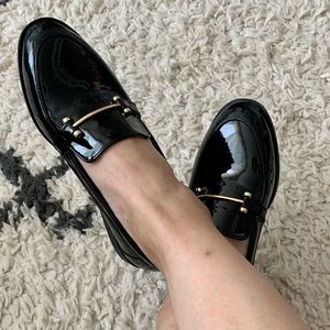 Black faux patent leather loafers. New, size 7/12 (38)